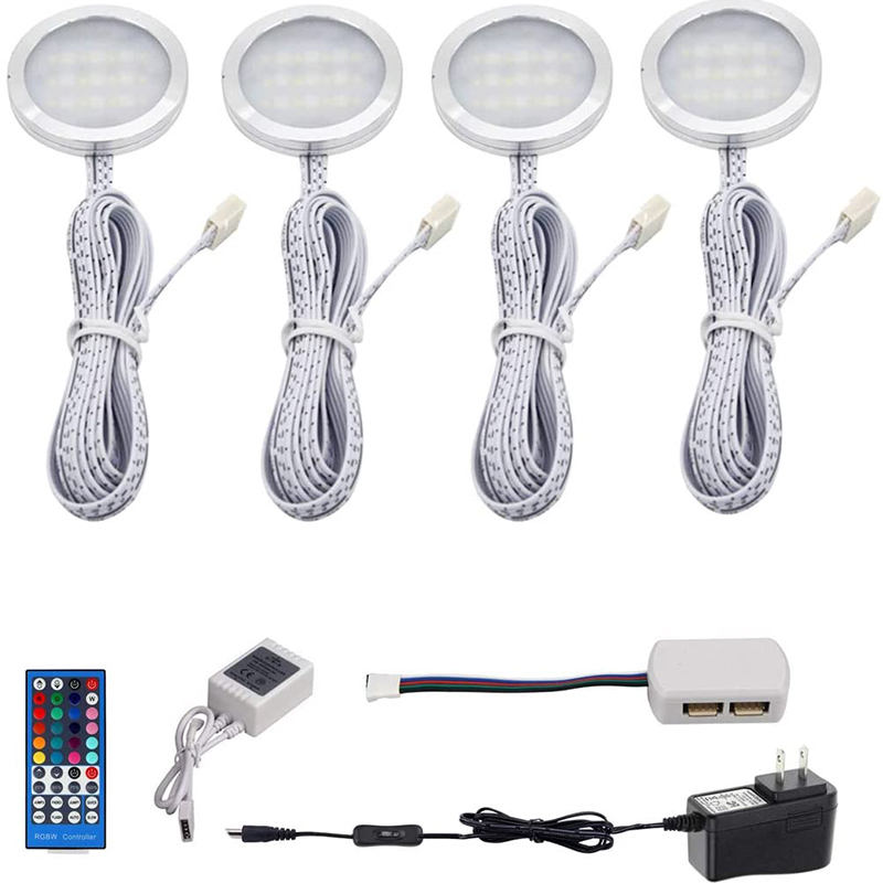DC12V 3W/PCS 4 PCS Aluminum Alloy Slim Color Changing Under Cabinet LED Puck Light Kit, Woth 40-key IR Remote DC12V 3W/PCS 4 PCS Aluminum Alloy Slim Color Changing Under Cabinet LED Puck Light Kit, Woth 40-key IR Remote